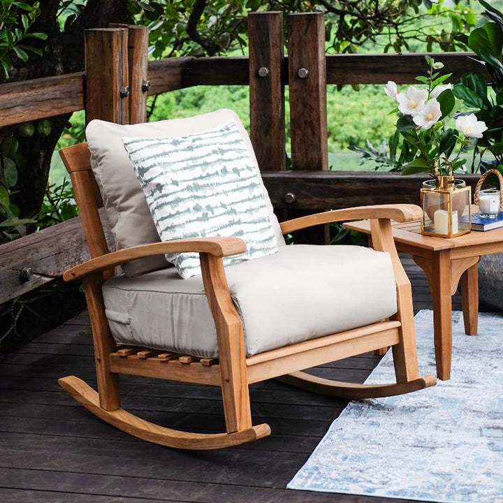 Teak Wood Outdoor Rocking Chair with Beige Cushion