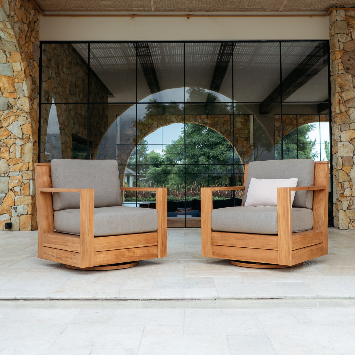 Logan Teak Outdoor Swivel with Sunbrella Cast Shale Cushion