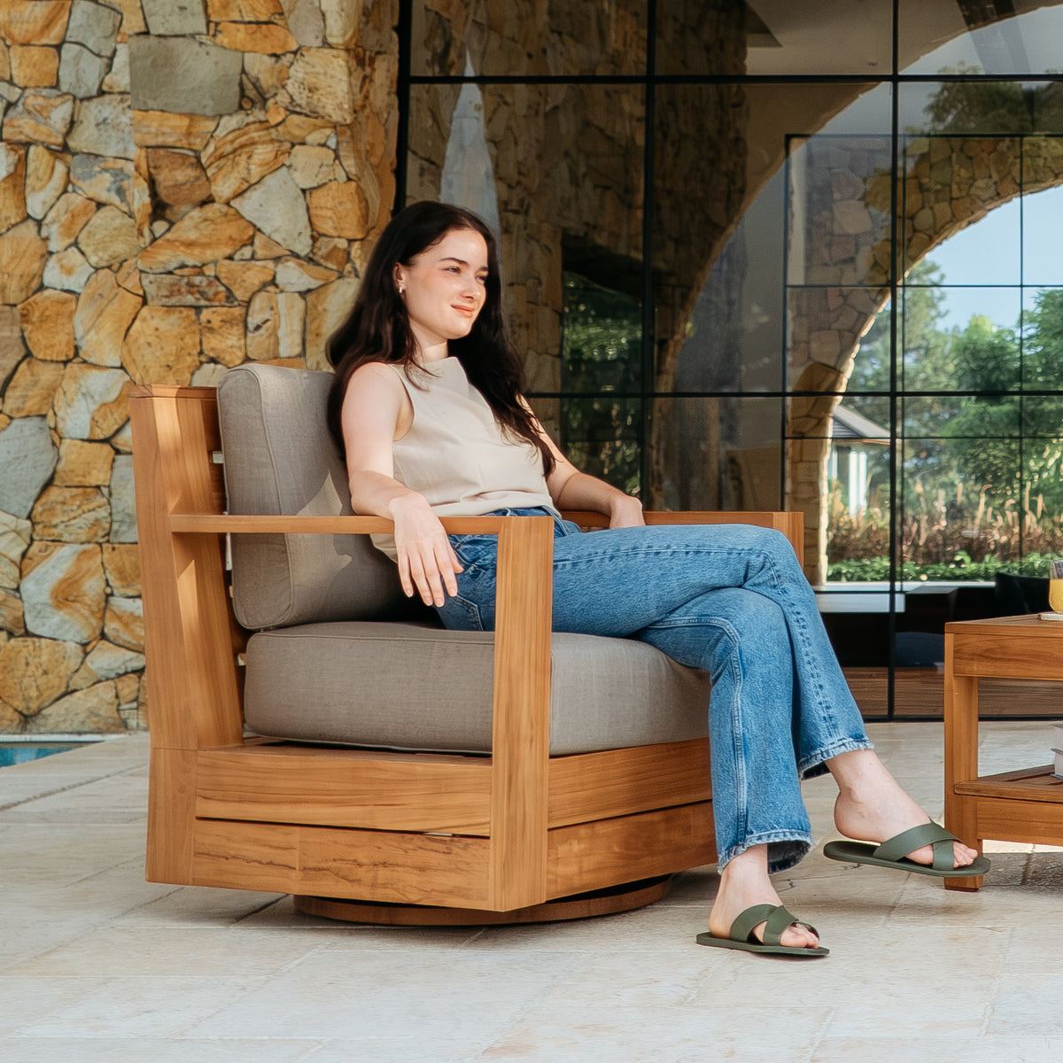 Logan Teak Outdoor Swivel with Sunbrella Cast Shale Cushion