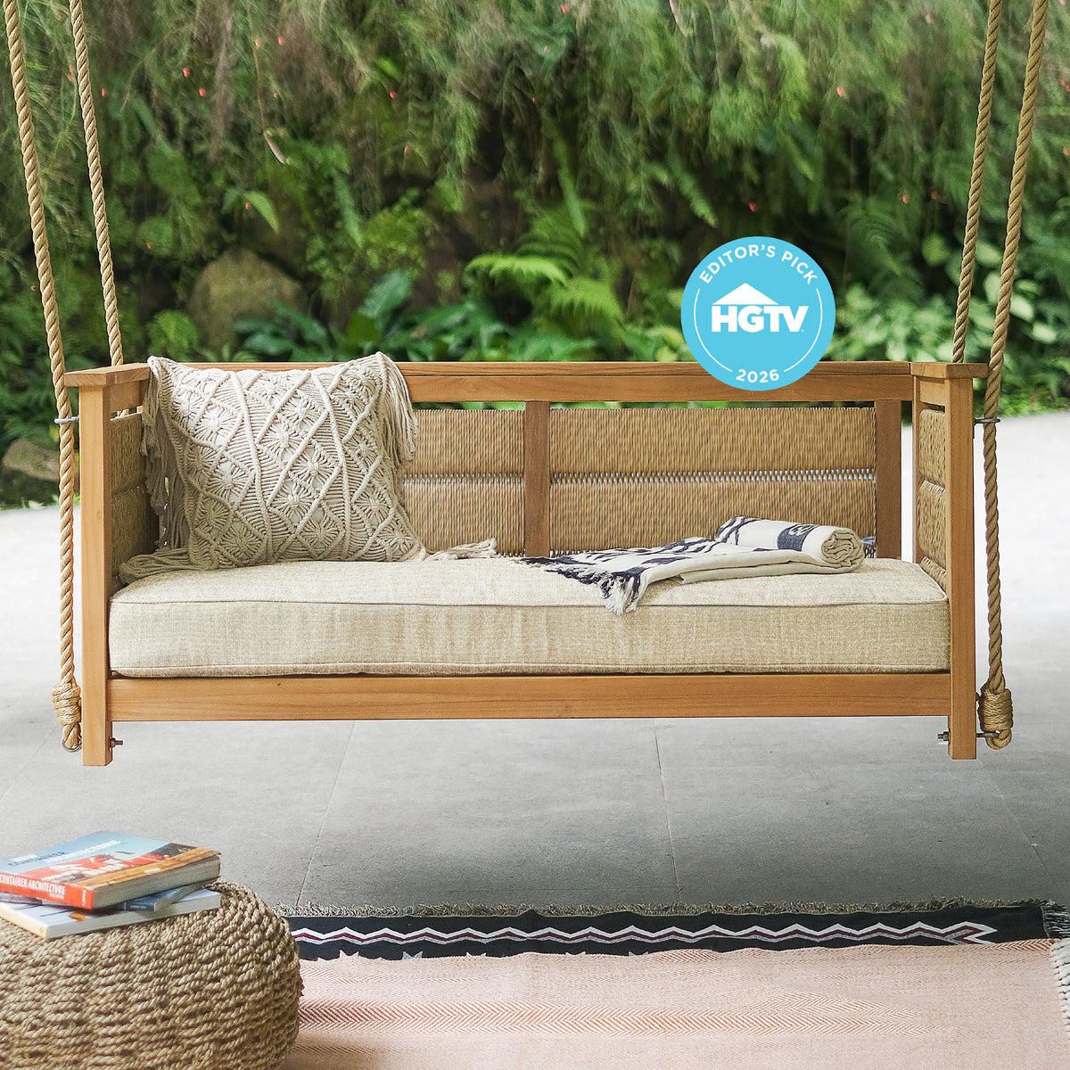 Eden Teak Wood Porch Swing with Tan Cushion – Cambridge Casual