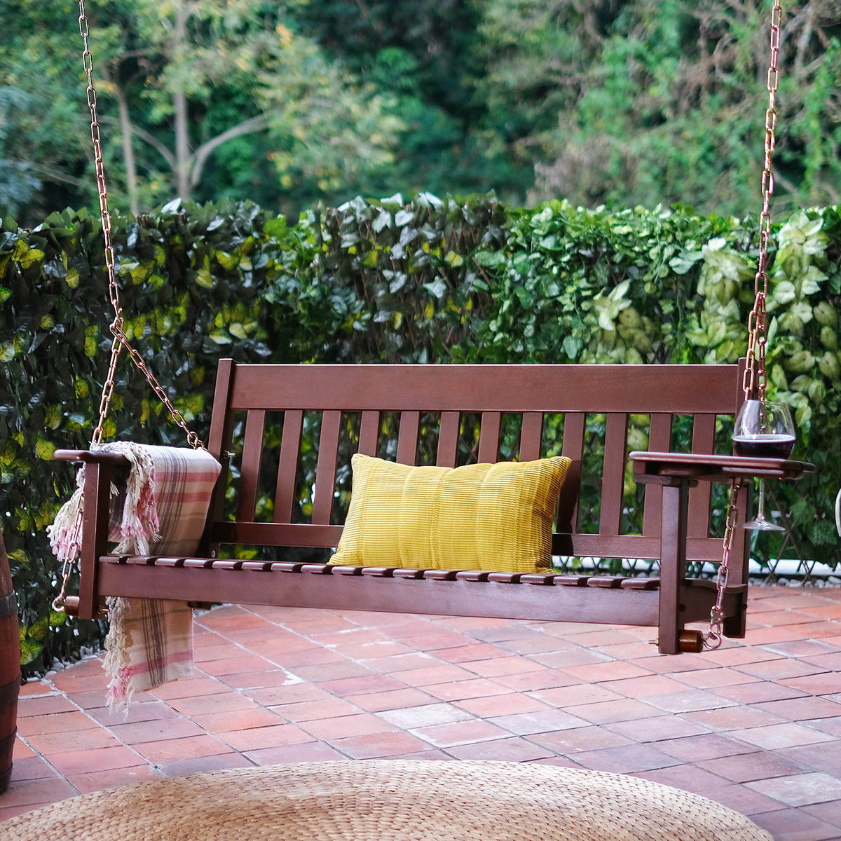 Moni Mahogany Wood Natural Brown Outdoor Porch Swing