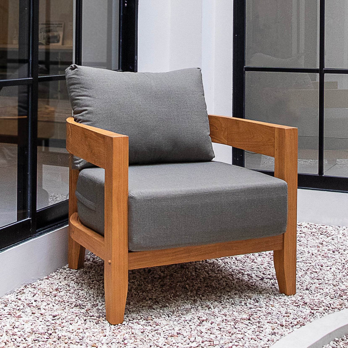 Harper Teak Wood Outdoor Lounge Chair with Gray Cushion