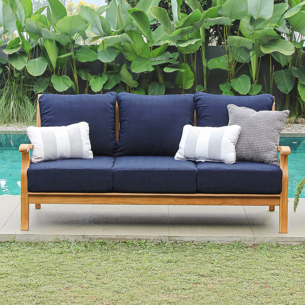 Abbington Teak Wood Outdoor Patio Sofa Navy Cushion Cambridge Casual