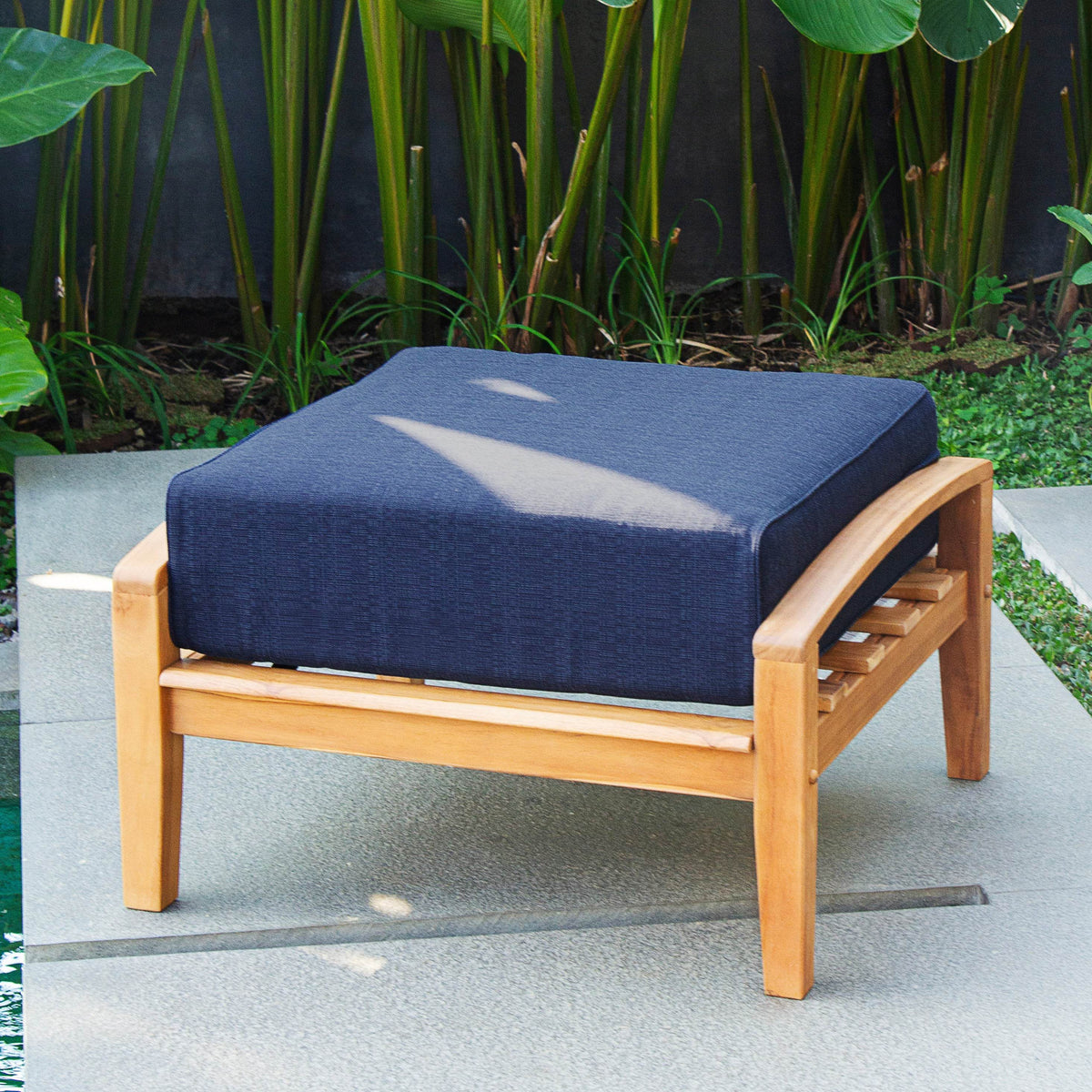 Caterina Teak Wood Patio Ottoman with Navy Cushion | Cambridge Casual
