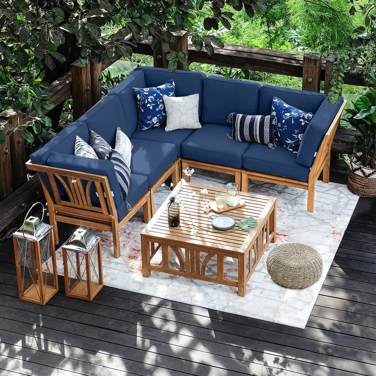 Abbington Teak Wood 6 Piece Outdoor Patio Sectional Set Navy Cushion Cambridge Casual