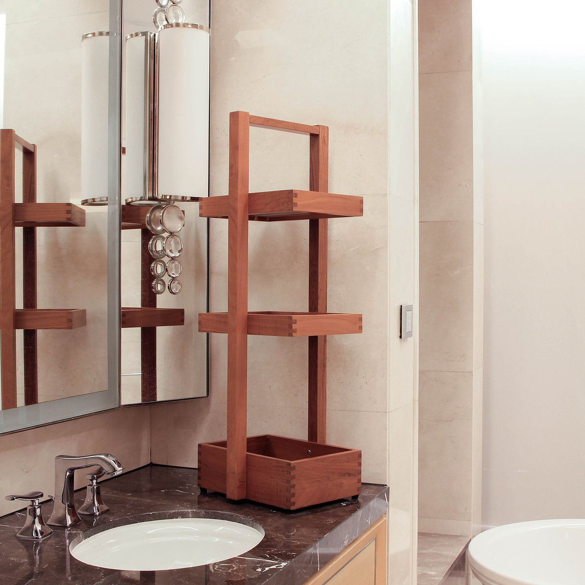 3 Tier Bathroom Corner Organizer with Teak Wood Shower Caddy Standing  Handle Up