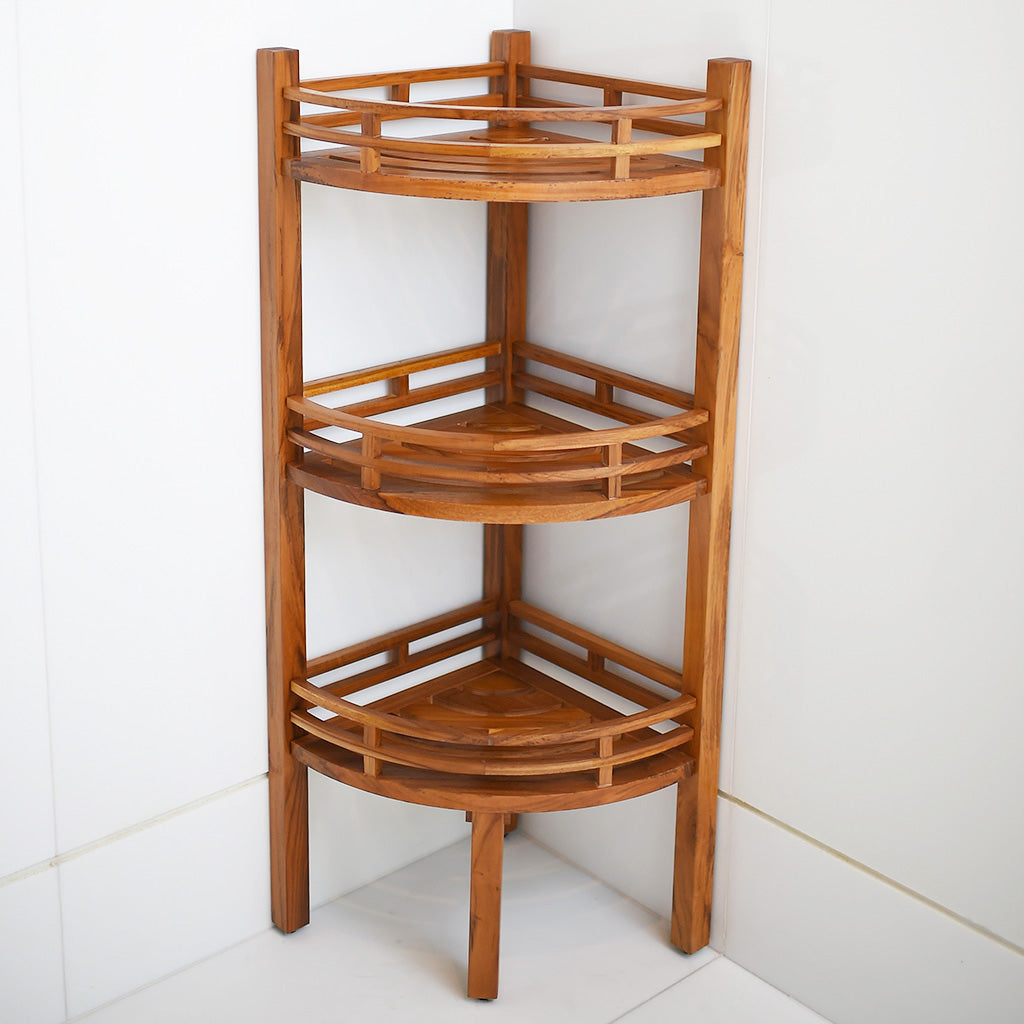 Dussi Teak Wood Freestanding 3 Tier Corner Bathroom Storage Shelf - Cambridge Casual [DETAILS]
