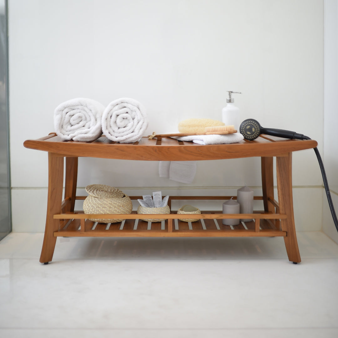 Dussi Teak Wood Large Shower Bench Stool with Shelf - Cambridge Casual [DETAILS]