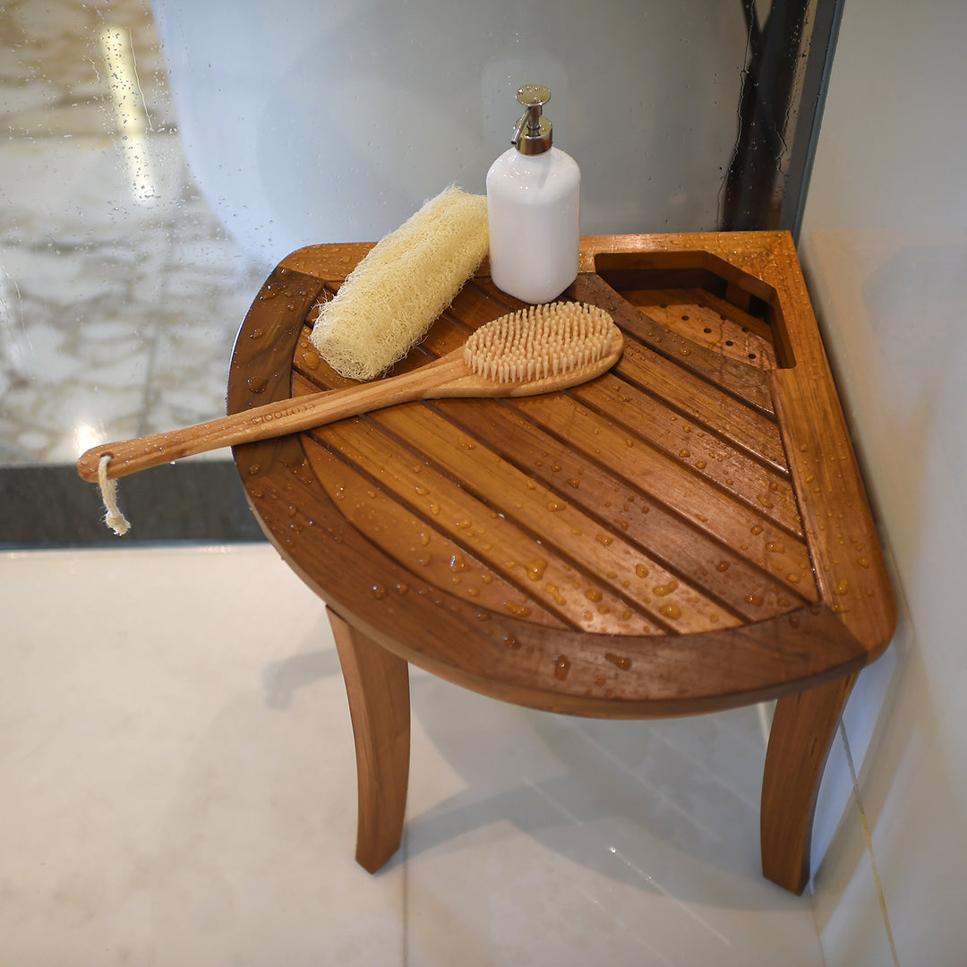 Dussi Teak Wood Corner Shower Bench Stool with Toiletries Holder - Cambridge Casual [DETAILS]