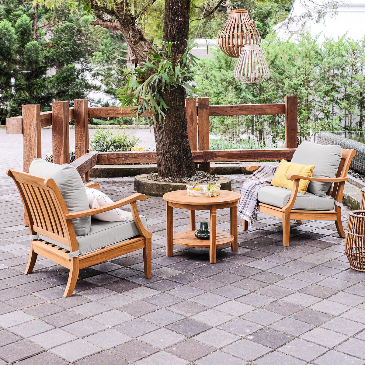 Robin Teak Wood 3 Piece Patio Conversation Set with Oyster Cushion Patio Furniture Cambridge Casual