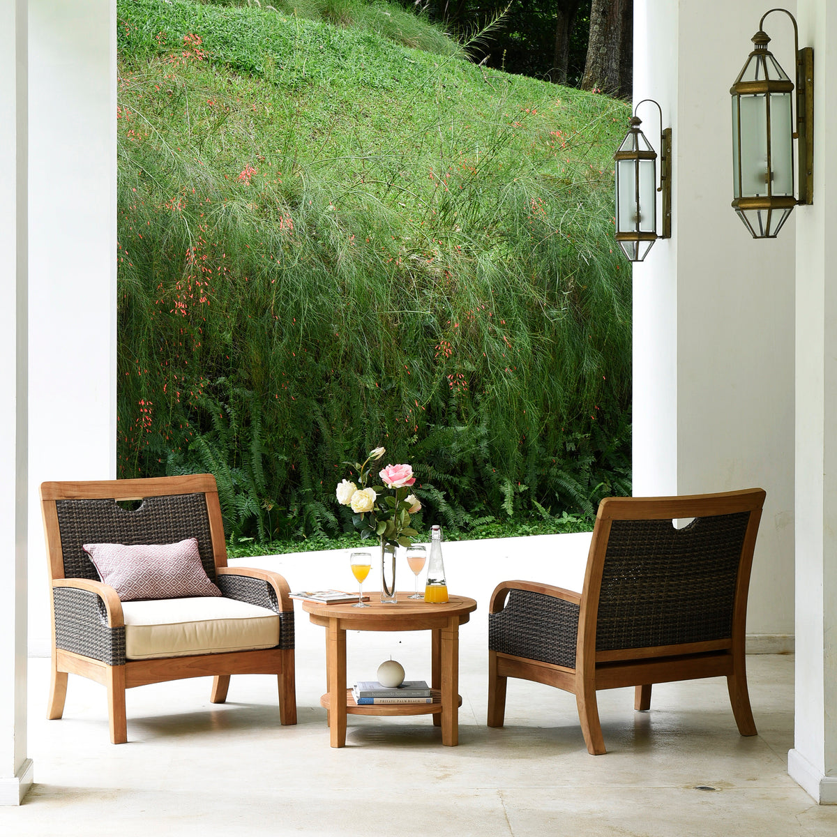 Courtyard Casual Bermuda FSC Teak 4 Piece Seating Set with Sofa, Coffee Table and 2 Club Chairs - Taupe