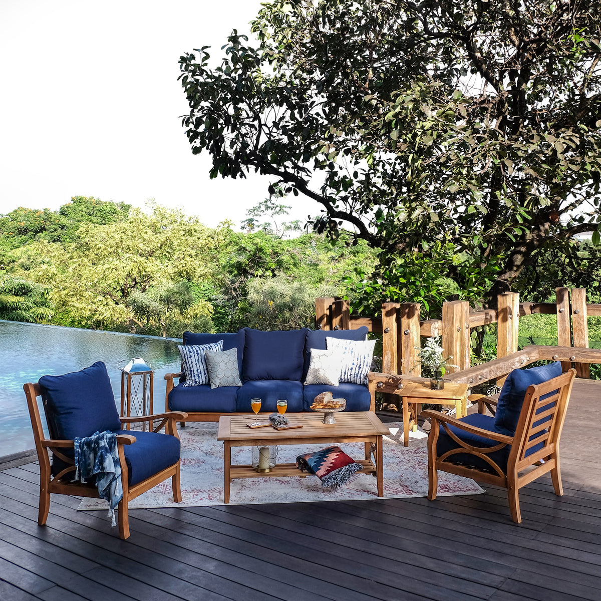 Abbington Outdoor Teak Wood 5 Piece Navy Cushion Conversation Set Cambridge Casual