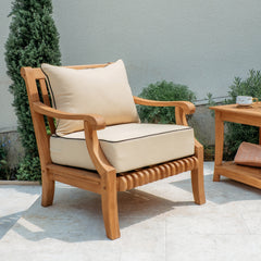 Mosko Teak Wood Outdoor Lounge Chair with Taupe Cushion & Black Piping