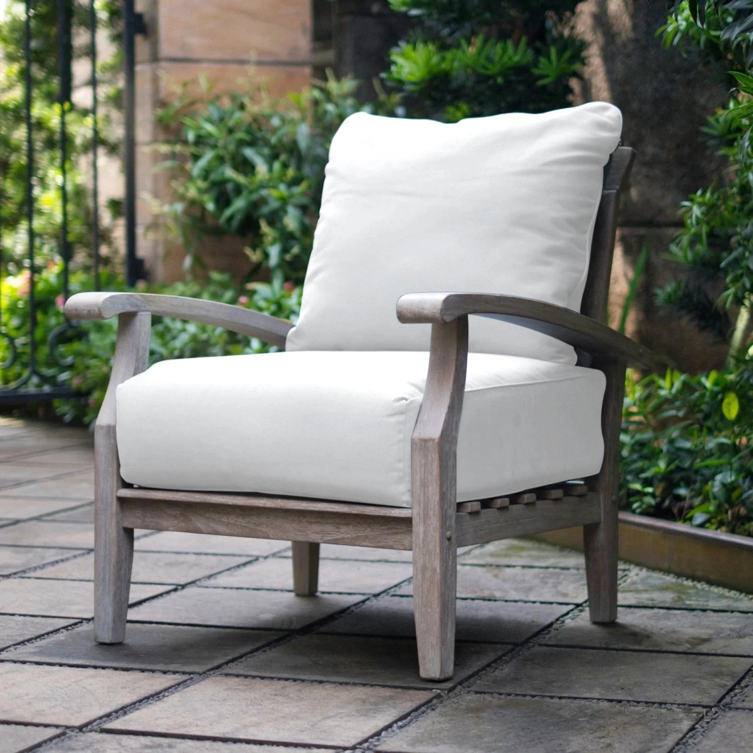 Caterina Weathered Teak Wood Outdoor Lounge Chair with Off White Cushion