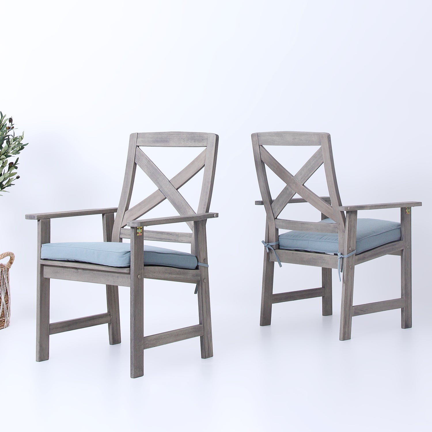 Carlota 6 Pieces Outdoor Dining Set - Weathered Gray Wood, Blue Spruce Seatpad