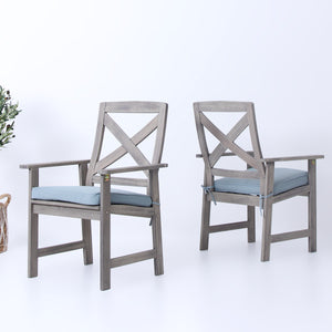 Carlota 6 Pieces Outdoor Dining Set - Weathered Gray Wood, Blue Spruce Seatpad