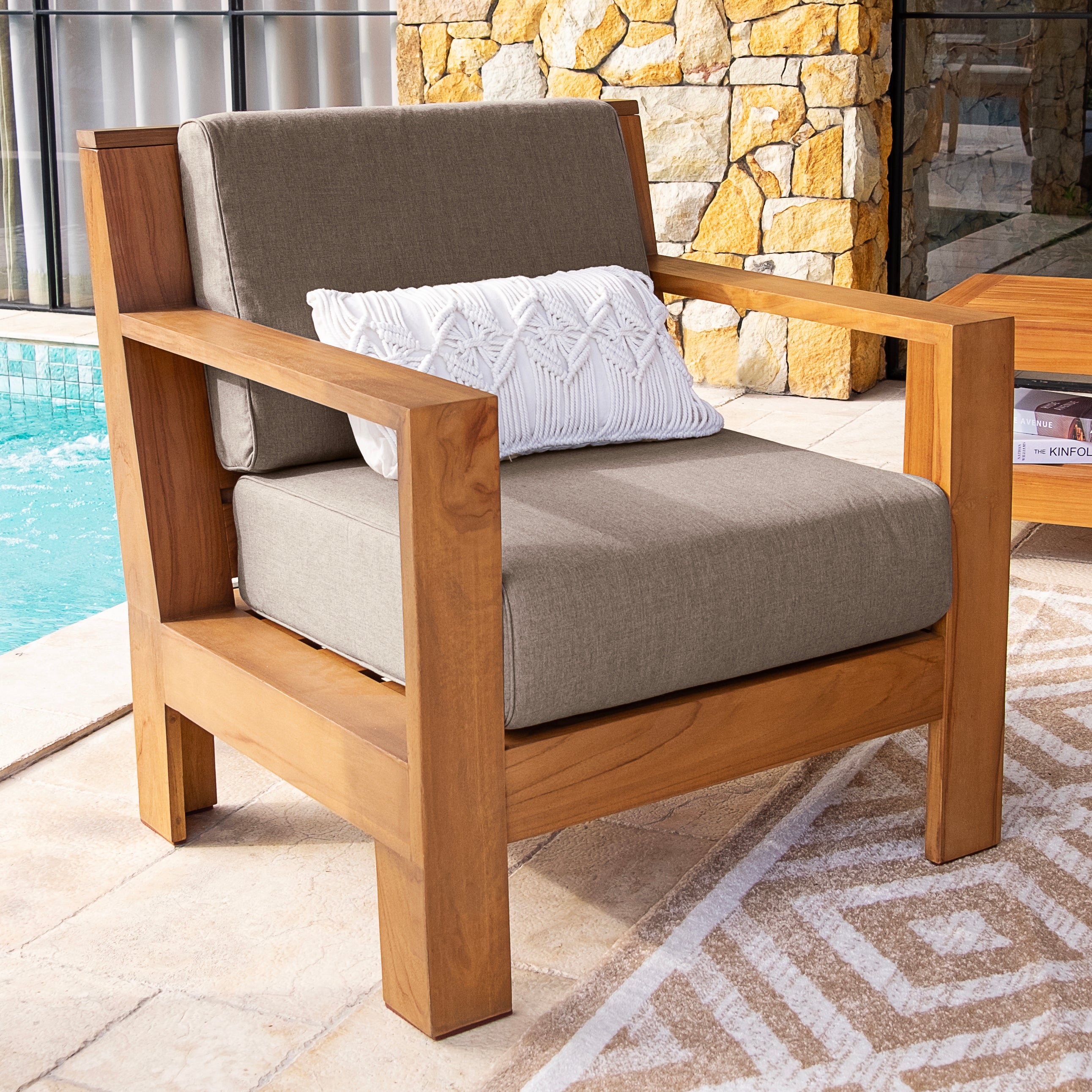 Logan Teak Outdoor Lounge Chair with Sunbrella Cast Shale Cushion