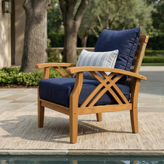 Carmel Teak Wood Patio Lounge Chair with Navy Cushions