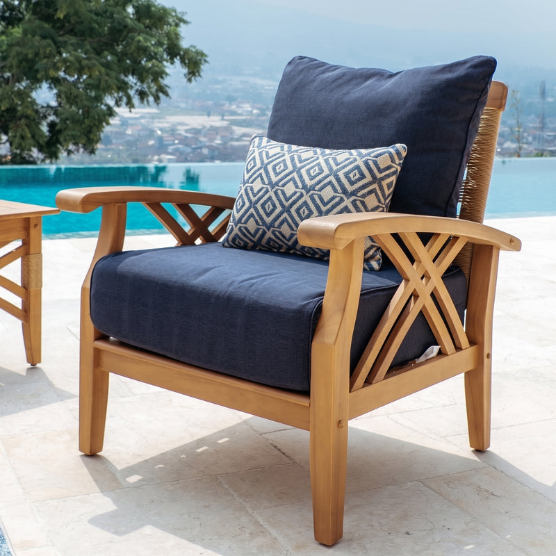 Carmel Teak Wood Patio Lounge Chair with Navy Cushions