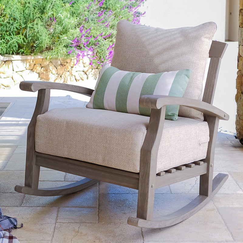 Caterina Weathered Teak Wood Outdoor Rocking Chair with Tan Cushion - Cambridge Casual