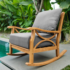 Abbington Teak Wood Outdoor Rocking Chair with Gray Cushion