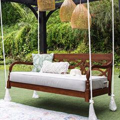 Renley Mahogany Wood Natural Finish Outdoor Swing Daybed with Oyster Cushion