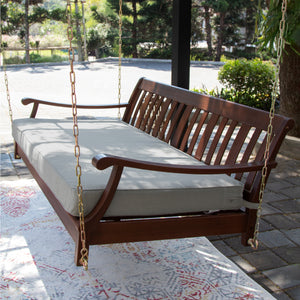 Maine Mahogany Wood Outdoor Swing Daybed with Oyster Cushion