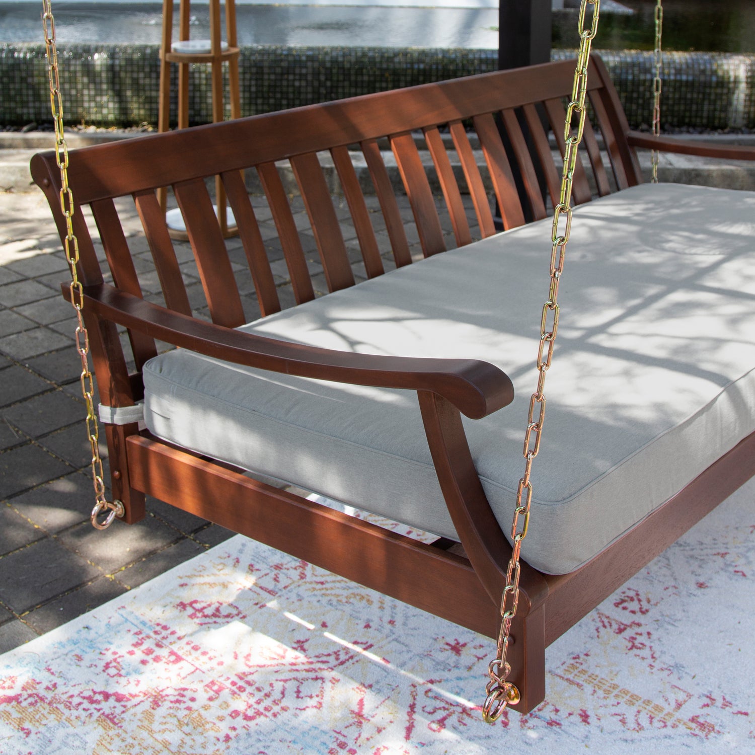 Maine Mahogany Wood Outdoor Swing Daybed with Oyster Cushion