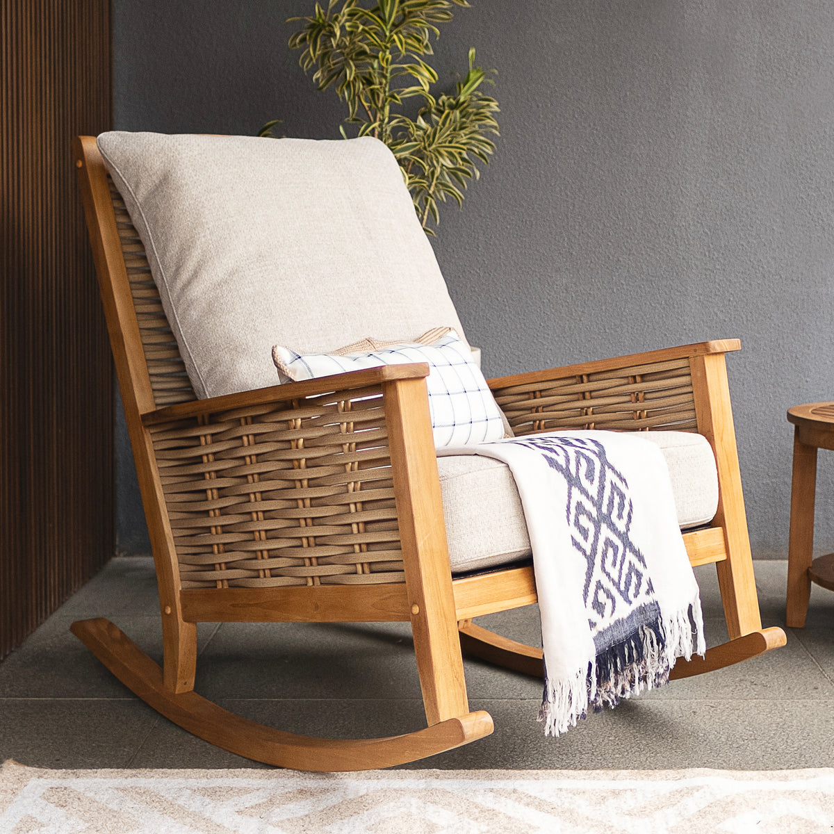 Auburn Teak Wood Patio Rocking Chair with Tan Cushion | Cambridge Casual