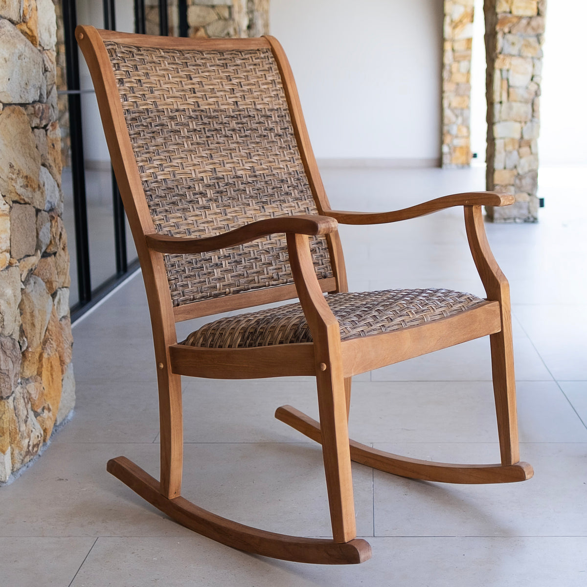 Dunham Teak Wood Outdoor Rocking Chair with Padded Woven Seat ...