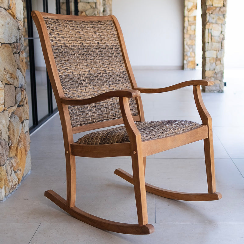 Dunham Teak Wood Outdoor Rocking Chair with Padded Woven Seat - Cambridge Casual