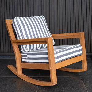 Hampton Teak Wood Patio Rocking Chair with Stripe White Gray Cushion