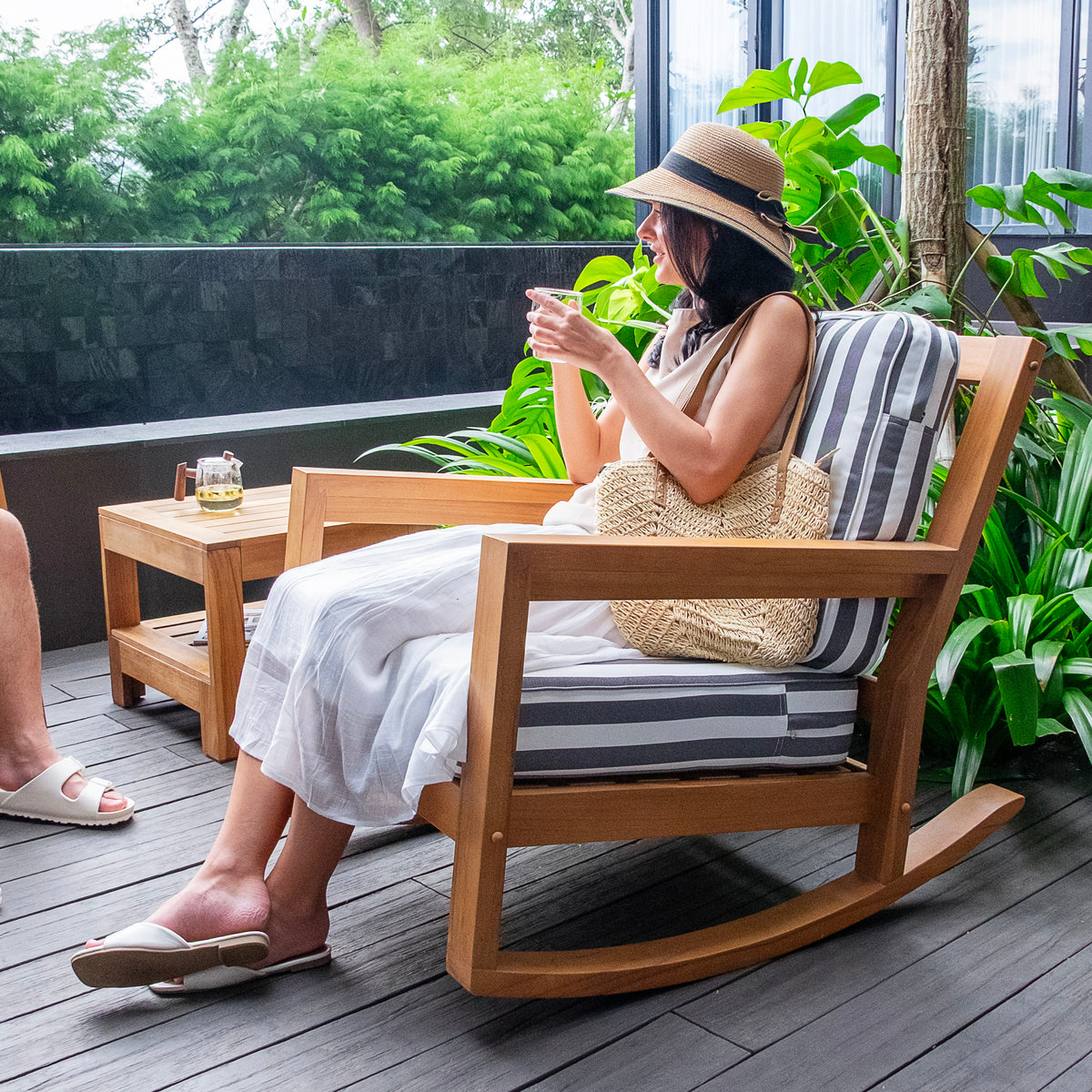Hampton Teak Wood Patio Rocking Chair with Stripe White Gray Cushion ...