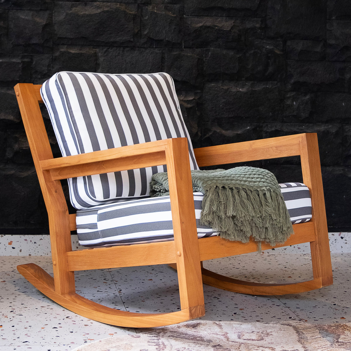 Hampton Teak Wood Patio Rocking Chair with Stripe White Gray Cushion ...