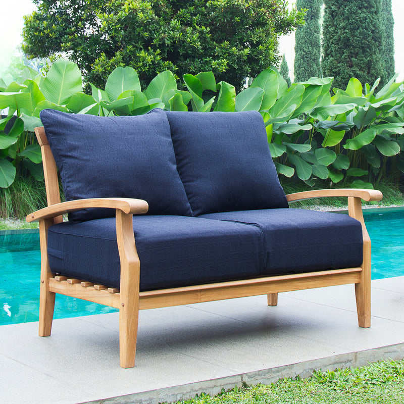 Caterina Teak Wood Outdoor Loveseat with Navy Cushion