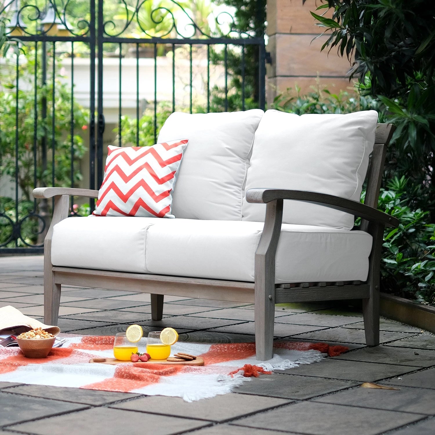 Caterina Weathered Teak Wood Outdoor Loveseat with Off White Cushion