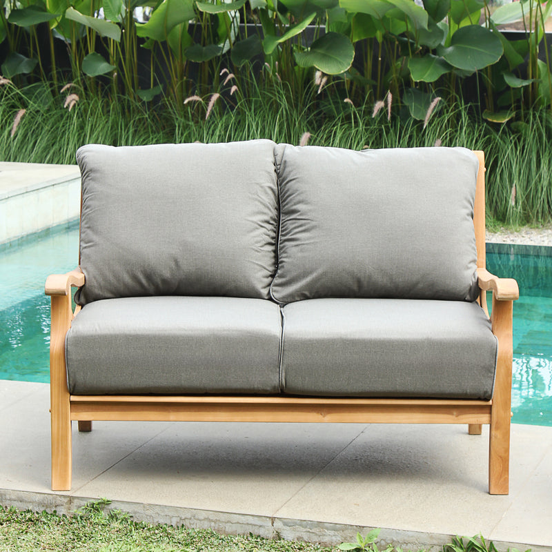 Abbington Teak Wood Outdoor Loveseat with Gray Cushion