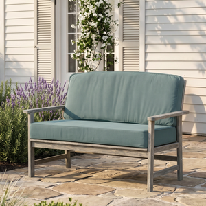 Porto Weathered Gray Wood Outdoor Loveseat with Blue Spruce Cushion