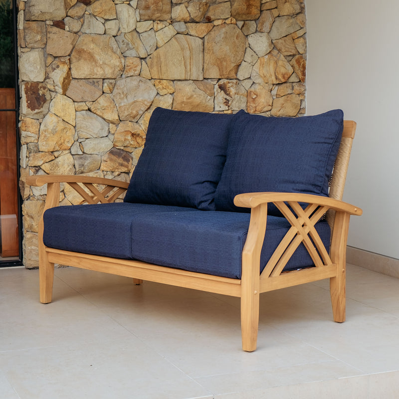 Carmel Teak Wood Patio Loveseat with Navy Cushions