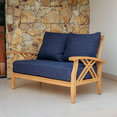 Carmel Teak Wood Patio Loveseat with Navy Cushions