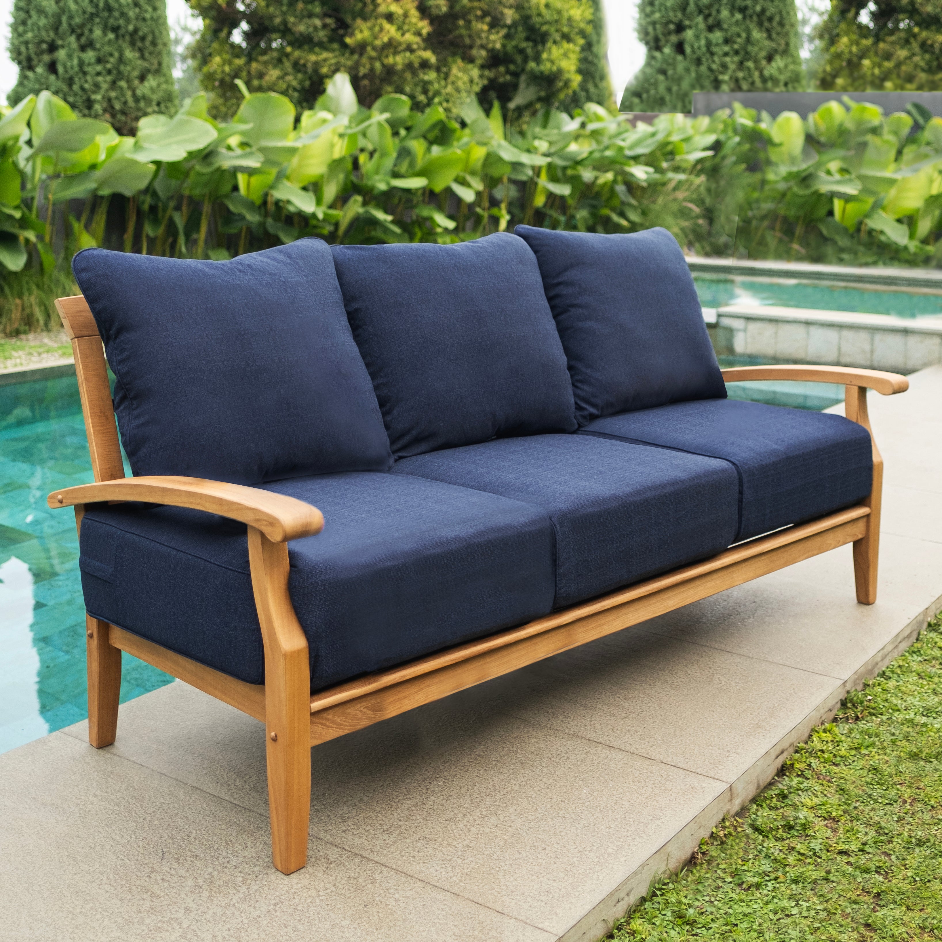 Caterina Teak Wood Patio Sofa with Navy Cushion