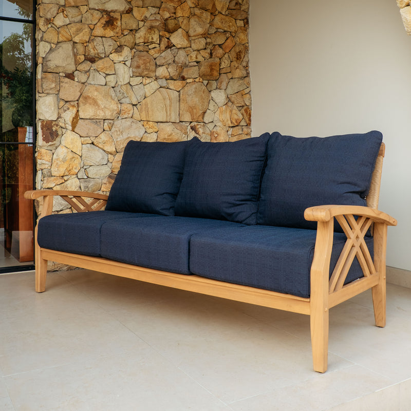 Carmel Teak Wood Patio Sofa with Navy Cushions