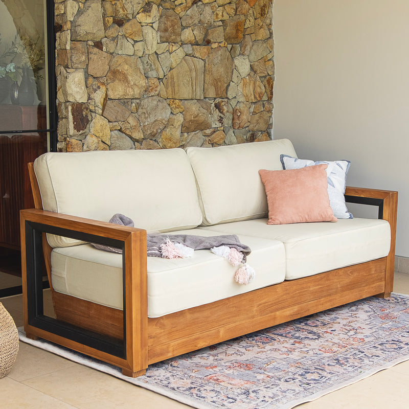 Hans Teak Wood Patio Sofa with Ivory Cushion