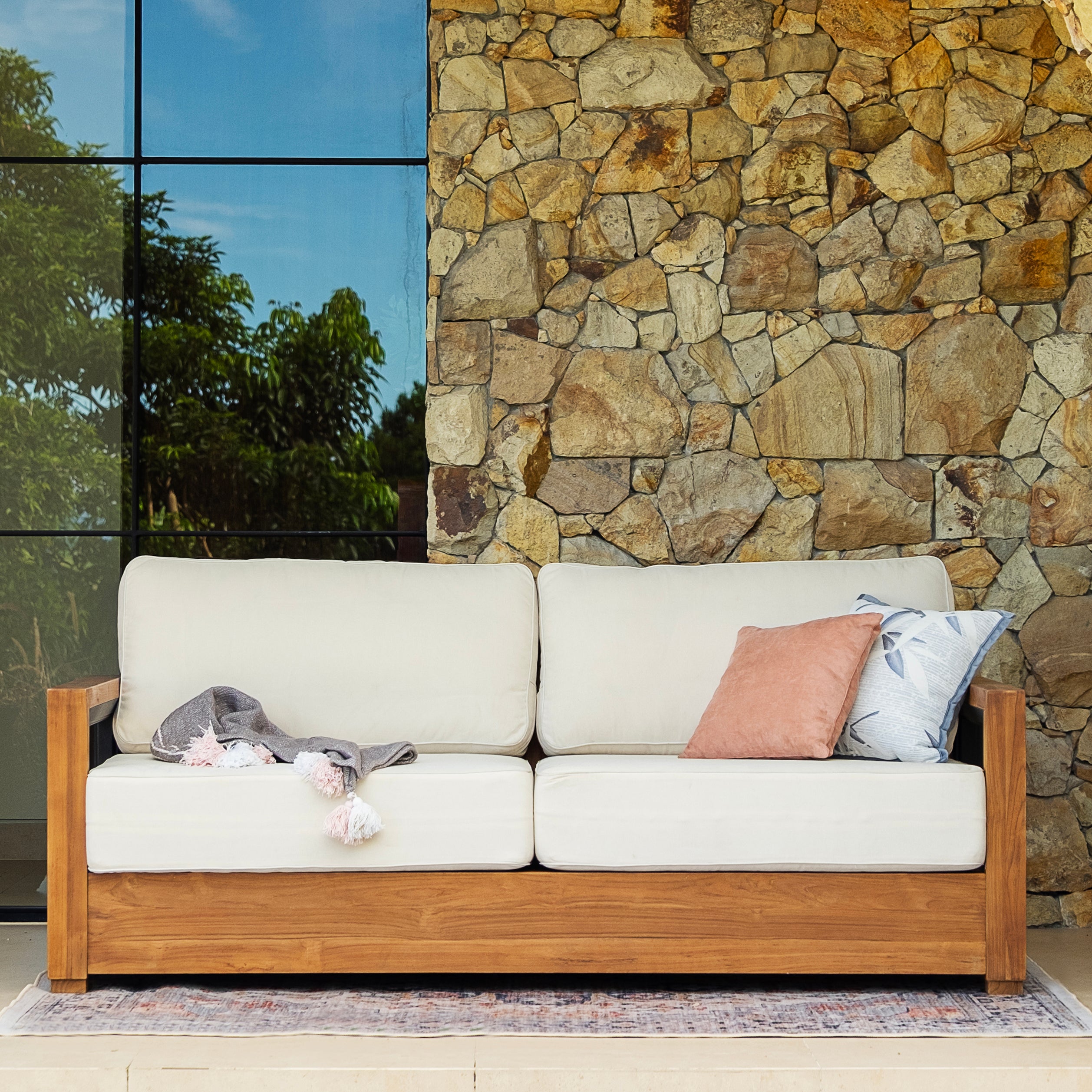 Hans Teak Wood Patio Sofa with Ivory Cushion