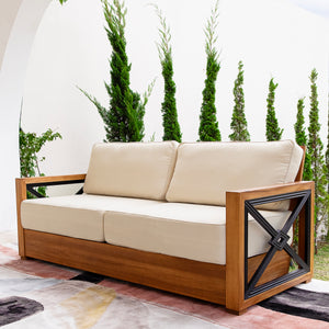 Provence Teak Wood Patio Sofa with Ivory Cushion - Cambridge Casual