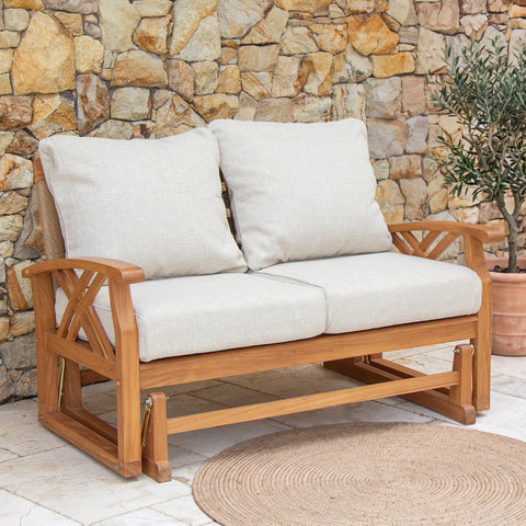 Carmel Teak Wood Outdoor Glider Loveseat with Tan Cushion & Honey Twist Wicker