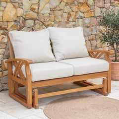 Carmel Teak Wood Outdoor Glider Loveseat with Tan Cushion & Honey Twist Wicker