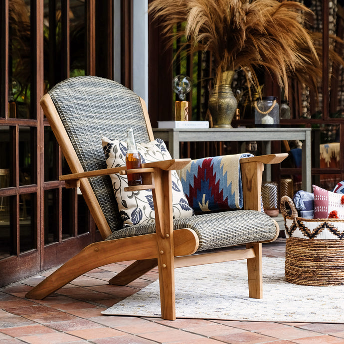 Camden Teak Outdoor Adirondack Chair with Padded Woven Seat – FREE Furniture Cover