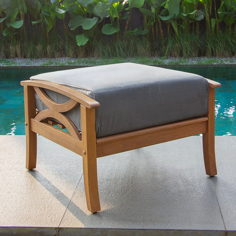 Abbington Teak Wood Outdoor Ottoman with Gray Cushion