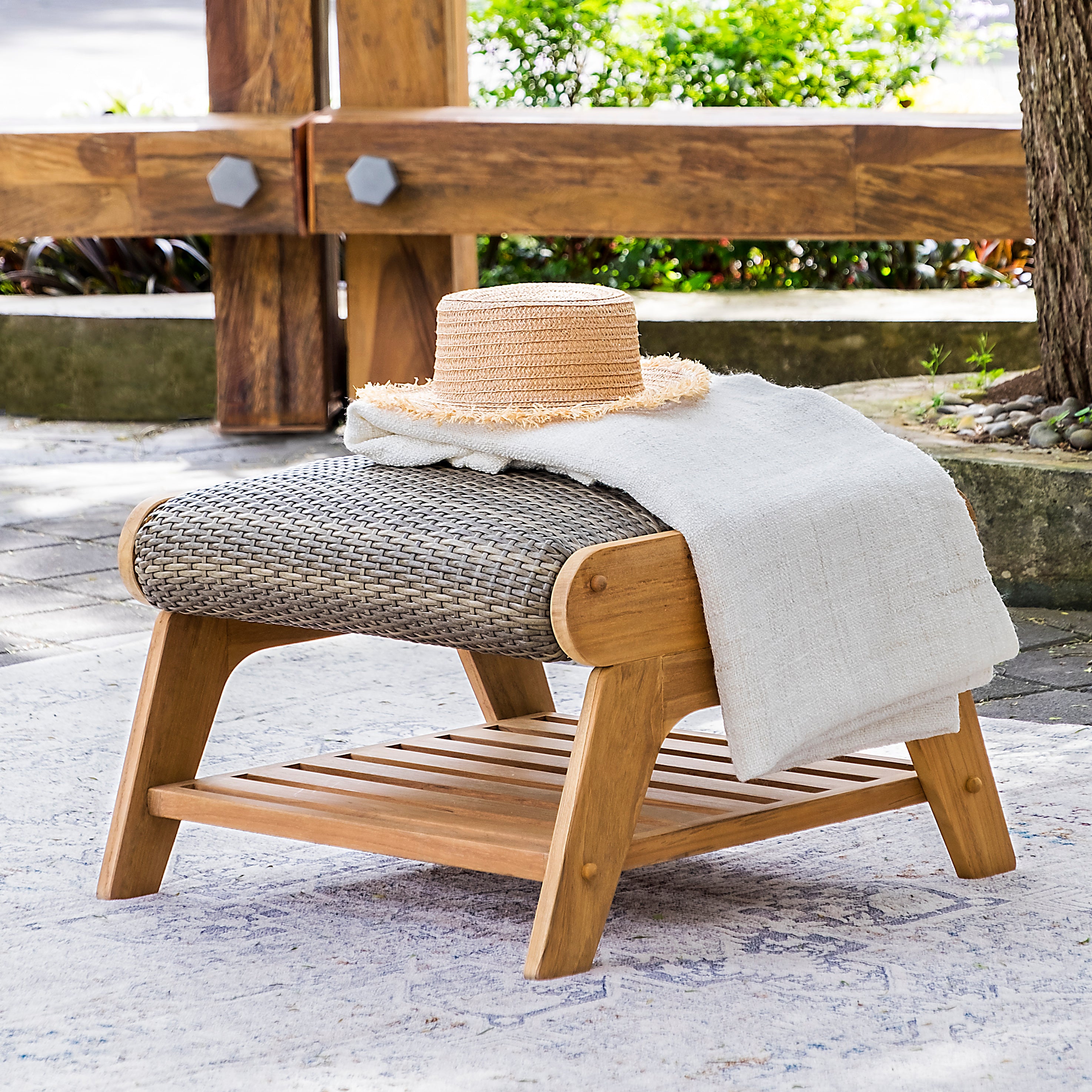 Camden Teak Wood Outdoor Ottoman with Padded Woven Seat – FREE Furniture Cover